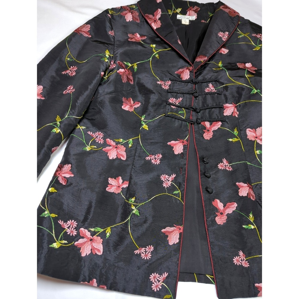 Grace Chuang Black 100% Silk Jacket M Embroidered Pink Flowers Timeless Elegant